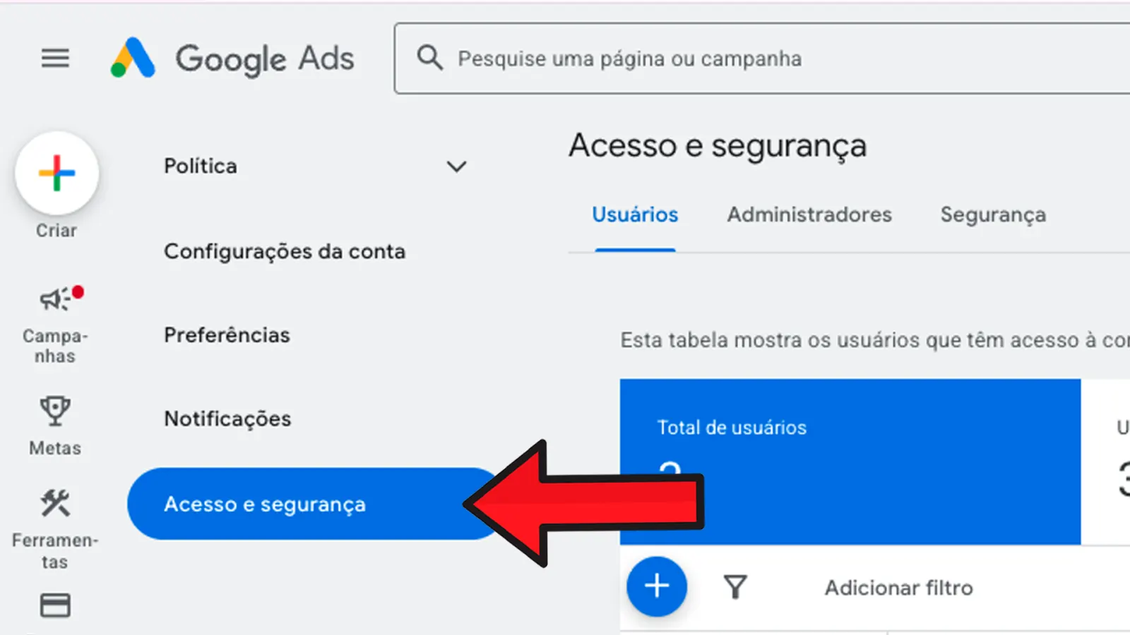 Clique em 'Acesso e segurança'