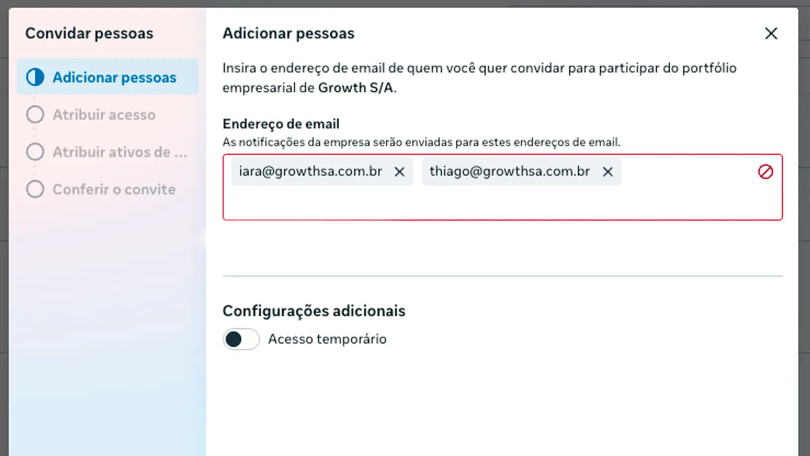 Adicione os e-mails da Growth S/A